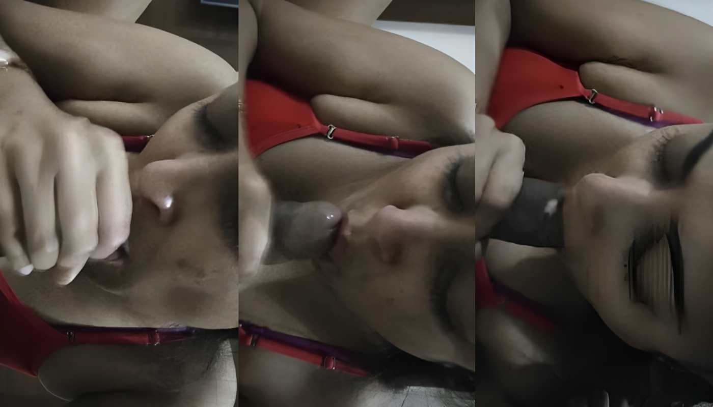 Cute Girlfriend in Red Bra Giving Handjob and Licking Lover Cock